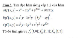 Câu 3, Tìm đạo hàm riêng cấp 1,2 của hàm 
a) f(x,y)=x^4-3xy^2+y^(2023)+2023xy. 
b) f(x,y)=x^7y-3x^2y+(5y^6-xy)^2. 
c) f(x,y)=x^5y-3y^2+x^7y^2+e^(20x). 
Từ đó tính giá trị f_y'(1,0); f_yy'(1,1); f_xy'(1,2);