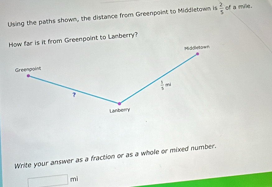 Using the paths shown, the distance from Greenpoint to Middletown is  2/5  of a mile. 
How far is it from Greenpoint to Lanberry? 
Middletown 
Greenpoint
 1/5 mi
? 
Lanberry 
Write your answer as a fraction or as a whole or mixed number.
□ mi