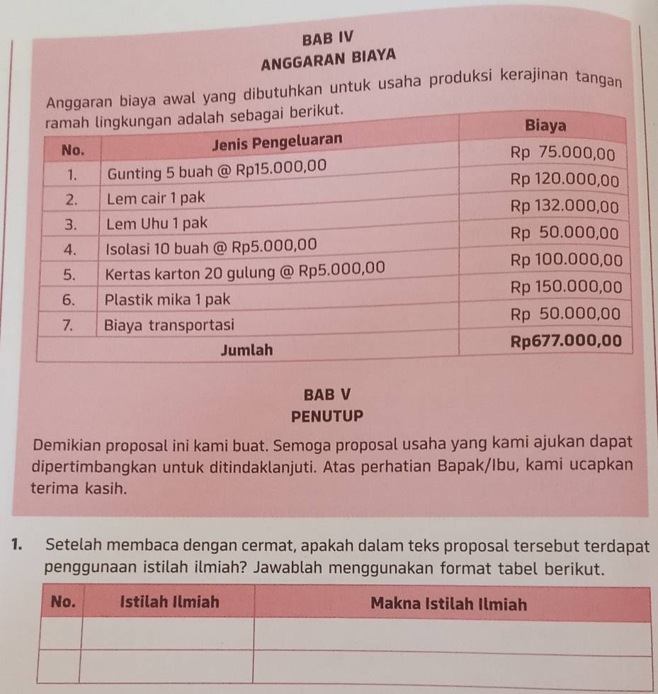 BAB IV 
ANGGARAN BIAYA 
a awal yang dibutuhkan untuk usaha produksi kerajinan tangan 
BAB V 
PENUTUP 
Demikian proposal ini kami buat. Semoga proposal usaha yang kami ajukan dapat 
dipertimbangkan untuk ditindaklanjuti. Atas perhatian Bapak/Ibu, kami ucapkan 
terima kasih. 
1. Setelah membaca dengan cermat, apakah dalam teks proposal tersebut terdapat 
penggunaan istilah ilmiah? Jawablah menggunakan format tabel berikut.