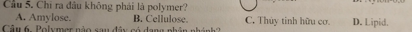 Chỉ ra đâu không phải là polymer?
A. Amylose. B. Cellulose. C. Thủy tinh hữu cơ. D. Lipid.
Câu 6. Polymer nào sau đây có dang nhân nhánh2