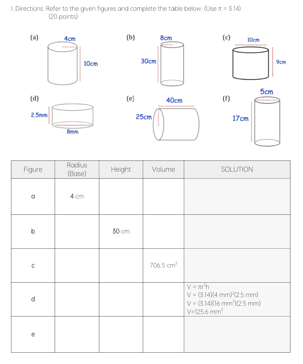 1 .Directions: Refer to the given figures and complete the table below. (Use π =3.14)
(20 points)
(a)(b) (
  
(d) (e(f)