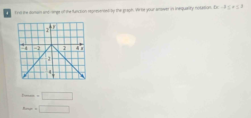 Find the domain and range of the function represented by the graph. Write your answer in inequality notation. Exc -3≤ x≤ 3
Demain=□
Range =□