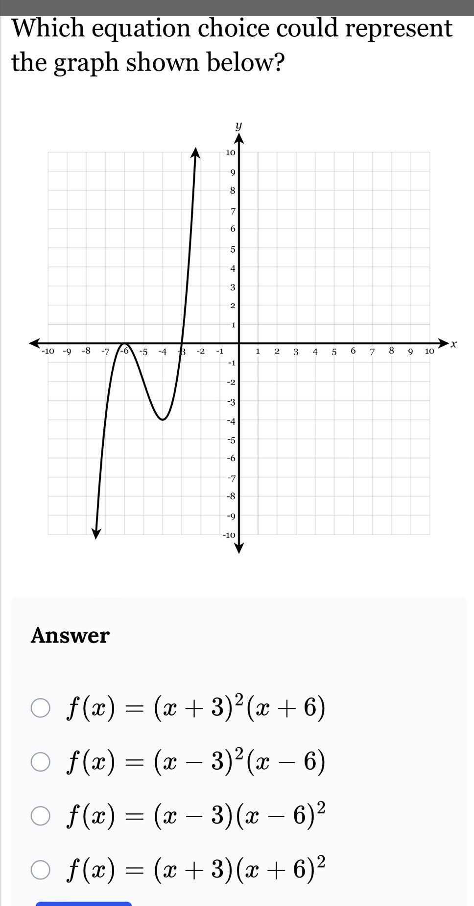 Which equation choice could represent
the graph shown below?
x
Answer
f(x)=(x+3)^2(x+6)
f(x)=(x-3)^2(x-6)
f(x)=(x-3)(x-6)^2
f(x)=(x+3)(x+6)^2