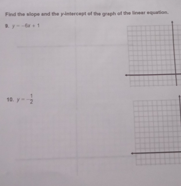 Find the slope and the y-intercept of the graph of the linear equation. 
9. y=-6x+1
10. y=- 1/2 