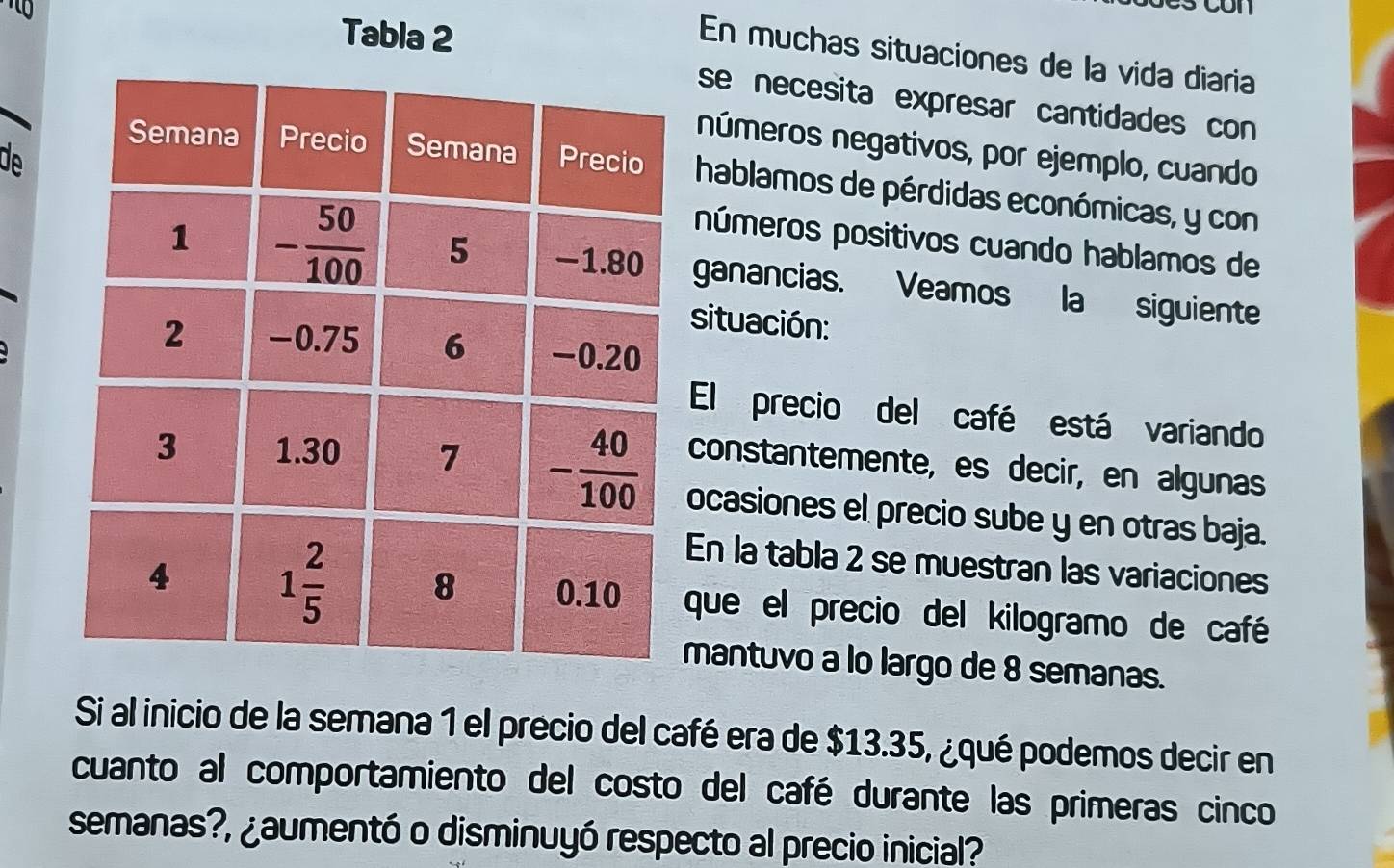 con
Tabla 2
En muchas situaciones de la vida diaria
se necesita expresar cantidades con
números negativos, por ejemplo, cuando
dehablamos de pérdidas económicas, y con
números positivos cuando hablamos de
ganancias. Veamos la siguiente
situación:
El precio del café está variando
constantemente, es decir, en algunas
ocasiones el precio sube y en otras baja.
En la tabla 2 se muestran las variaciones
que el precio del kilogramo de café
mantuvo a lo largo de 8 semanas.
Si al inicio de la semana 1 el precio del café era de $13.35, ¿qué podemos decir en
cuanto al comportamiento del costo del café durante las primeras cinco
semanas?, ¿aumentó o disminuyó respecto al precio inicial?