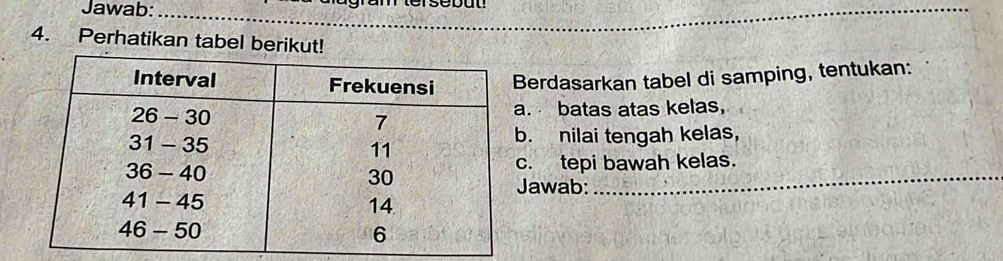 Jawab:_ 
_ 
4. Perhatikan tabel berikut! 
erdasarkan tabel di samping, tentukan: 
. batas atas kelas, 
. nilai tengah kelas, 
. tepi bawah kelas. 
awab: