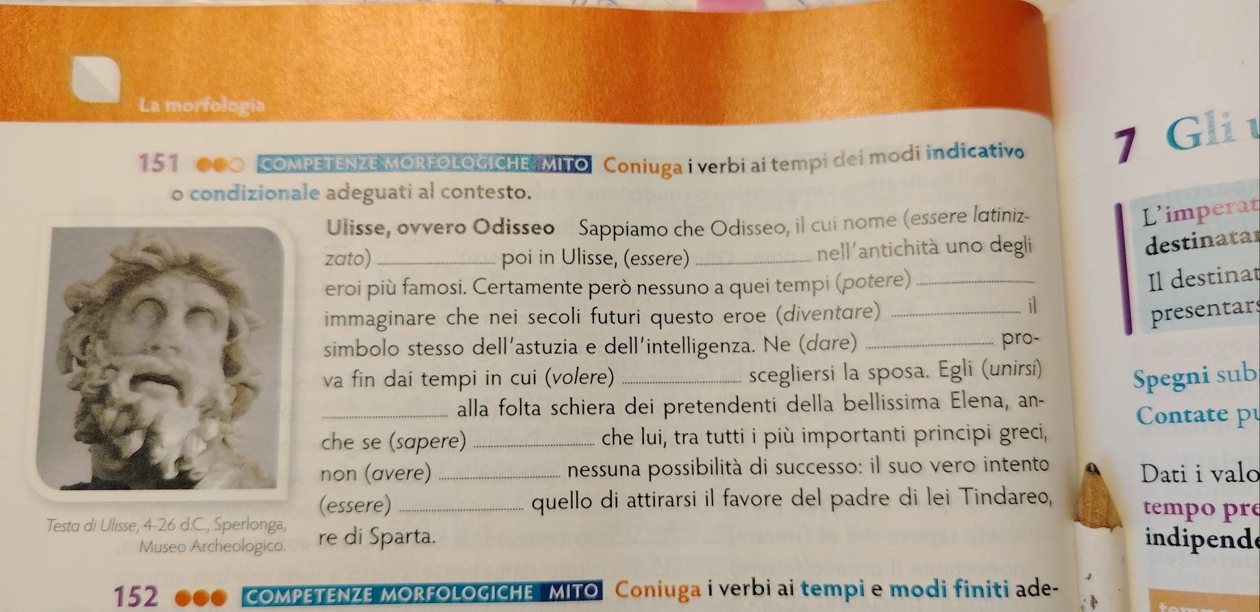 La morfología 
151 000 COMPETENZE MORFOLOGICHE MITO Coniuga i verbi ai tempi dei modi indicativo 
7 Gli 
o condizionale adeguati al contesto. 
Ulisse, ovvero Odisseo Sappiamo che Odisseo, il cui nome (essere latiniz- 
L'imperat 
zato) _poi in Ulisse, (essere) _nell'antichità uno degli 
destinatar 
eroi più famosi. Certamente però nessuno a quei tempi (potere)_ 
Il destinat 
immaginare che nei secoli futuri questo eroe (diventare)_ 
il 
presentars 
simbolo stesso dell'astuzia e dell'intelligenza. Ne (dɑre) _pro- 
va fin dai tempi in cui (volere) _scegliersi la sposa. Egli (unirsi) 
Spegni sub 
_alla folta schiera dei pretendenti della bellissima Elena, an- 
Contate p 
che se (sapere)_ che lui, tra tutti i più importanti principi greci, 
non (avere) _nessuna possibilità di successo: il suo vero intento Dati i valo 
Testa di Ulisse, 4-26 d.C., Sperlonga, (essere)_ 
quello di attirarsi il favore del padre di lei Tindareo, tempo pré 
Museo Archeologico. re di Sparta. indipende 
152 COMPETENZE MORFOLOGICHE MITO Coniuga i verbi ai tempi e modi finiti ade-