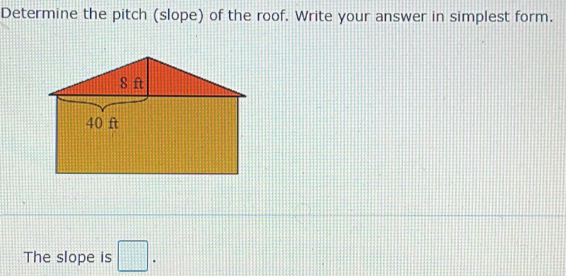 Determine the pitch (slope) of the roof. Write your answer in simplest form. 
The slope is □.