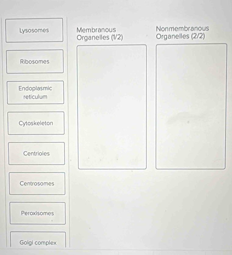 Lysosomes Membranous Nonmembranous
Organelles (1/2) Organelles (2/2)
Ribosomes
Endoplasmic
reticulum
Cytoskeleton
Centrioles
Centrosomes
Peroxisomes
Golgi complex