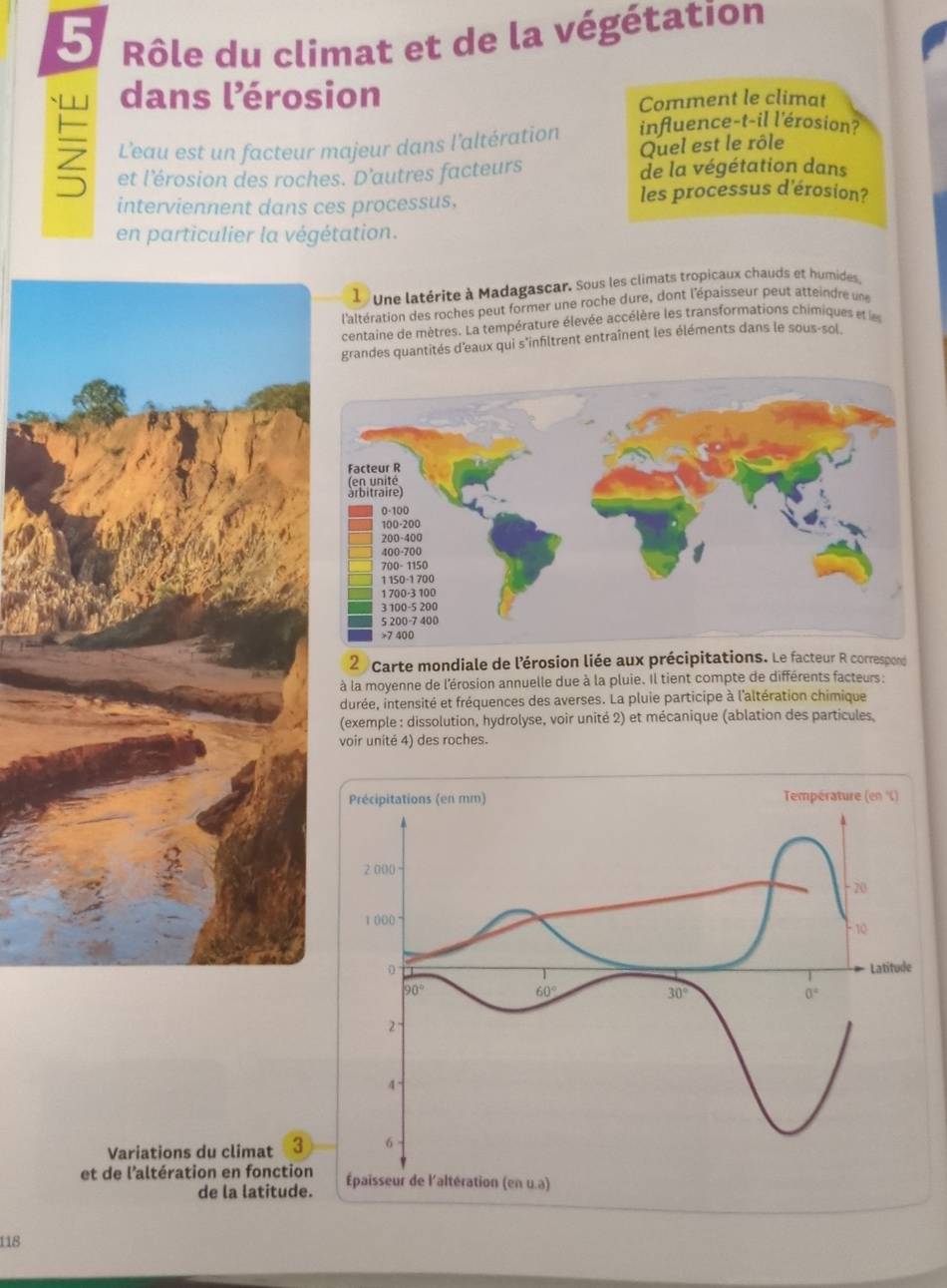 Rôle du climat et de la végétation
dans l’érosion
Comment le climat
L'eau est un facteur majeur dans l'altération influence-t-il l'érosion?
Quel est le rôle
et l’érosion des roches. D’autres facteurs de la végétation dans
interviennent dans ces processus, les processus d'érosion?
en particulier la végétation.
1' Une latérite à Madagascar. Sous les climats tropicaux chauds et humides
l'altération des roches peut former une roche dure, dont l'épaisseur peut atteindre une
centaine de mètres. La température élevée accélère les transformations chimiques et les
grandes quantités d'eaux qui s'infiltrent entraînent les éléments dans le sous-sol
2  Carte mondiale de l'érosion liée aux précipitations. Le facteur R correspond
à la moyenne de l'érosion annuelle due à la pluie. Il tient compte de différents facteurs:
durée, intensité et fréquences des averses. La pluie participe à l'altération chimique
(exemple : dissolution, hydrolyse, voir unité 2) et mécanique (ablation des particules,
voir unité 4) des roches.
Variations du climat 3
et de l'altération en fonction
de la latitude.
118