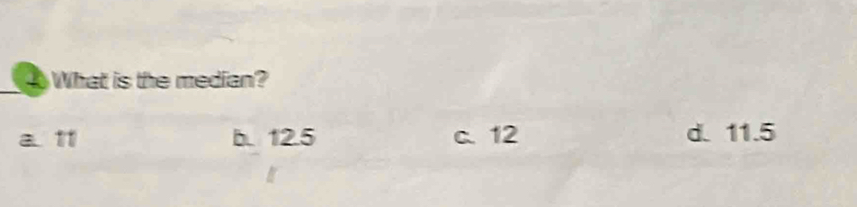 What is the median?
a. 11 b. 12.5 c. 12 d. 11.5