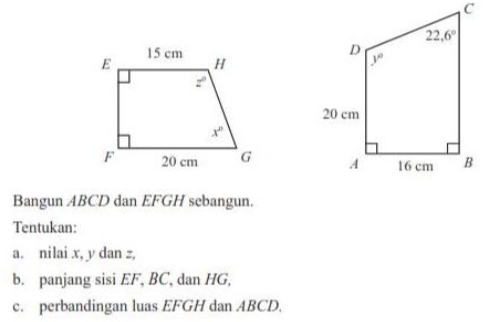 Bangun ABCD dan EFGH sebangun.
Tentukan:
a. nilai x, y dan z,
b. panjang sisi EF, BC, dan HG,
c. perbandingan luas EFGH dan ABCD.