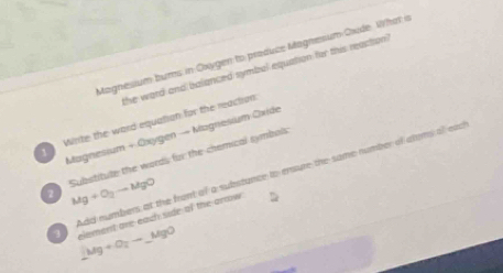 Magnesium bums in Oxygen to produce Magnesum Oxde. What i 
the word and balanced symbal equation for this reaction? 
Wirite the word equatian for the reactium 
Magnesium + Oxygen → Magnesium Oxide 
1 
Substitute the words for the chemical symbols Mg+O_2to MgO
Add numbers at the front of a substance to ensure the same number of atoms of ead 
element are each side of the arrow
_ Mg+O_2to _ MgO