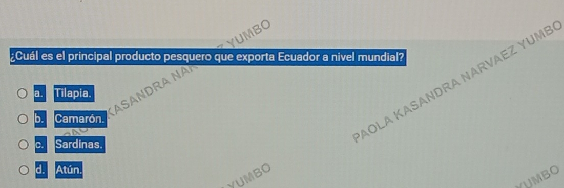 ¿Cuál es el principal producto pesquero que exporta Ecuador a nivel mundial?
ÄOLA KASANDRA NARVÄEZ YUME
ASANDRA N
a. Tilapia.
b. Camarón.
C. Sardinas.
d. Atún.
YUMBO
YUMBO