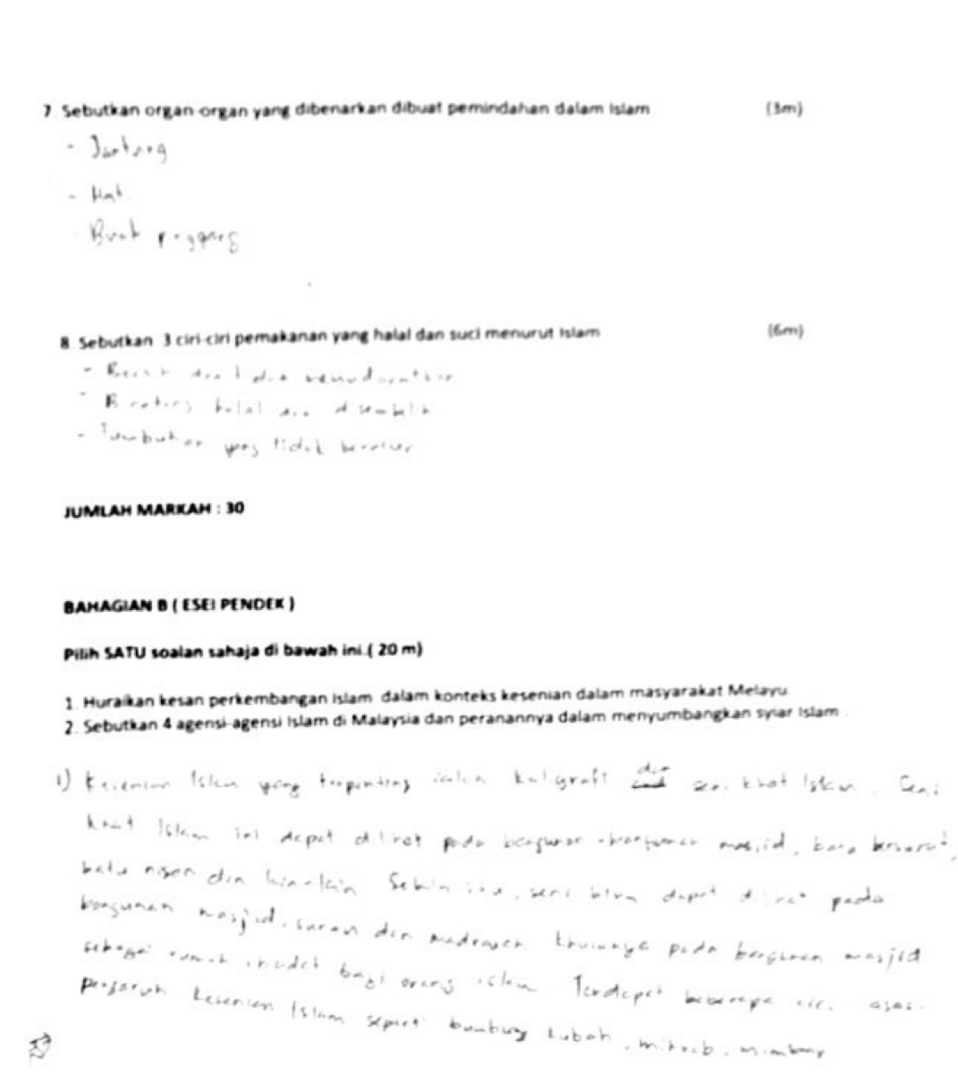 Sebutkan organ-organ yang dibenarkan dibuat pemindahan dalam Islam (3m)
)w^4
8. Sebutkan 3 ciri-ciri pemakanan yang halal dan suci menurut Islam 
 6m  
C. . 
^* 
E 

JUMLAH MARICAH : 3 
BAHAGIAN B ( ESEΙ PENDEк ) 
Pilih SATU soalan sahaja di bawah ini ( 20 m) 
1. Huraïkan kešan perkembangan islam dalam konteks kesenian dalam masyarakat Melayu 
2. Sebutkan 4 agensi-agensi İslam di Malaysia dan peranannya dalam menyumbangkan sylar Islam. 
a