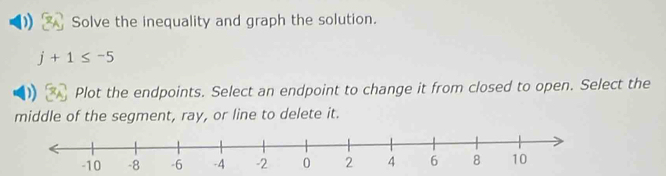 Solve the inequality and graph the solution.
j+1≤ -5
Plot the endpoints. Select an endpoint to change it from closed to open. Select the 
middle of the segment, ray, or line to delete it.