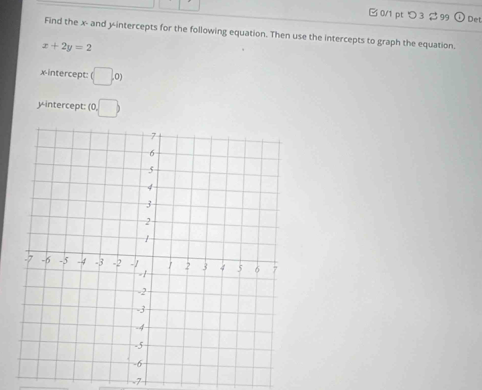 つ 3 99 i Det 
Find the x - and y-intercepts for the following equation. Then use the intercepts to graph the equation.
x+2y=2
x-intercept: (□ , 0)
yintercept: (0, ,□ )
-7