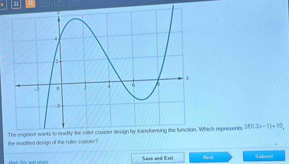 4 21 22 23 24 
hich represents 2f(0.3x-1)+10, 
the modified design of the roller coaster? 
Mark this and return Save and Exit Next 
Submit