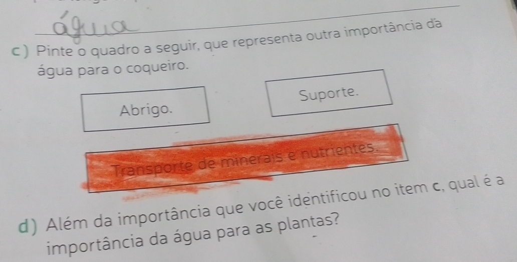 ) Pinte o quadro a seguir, que representa outra importância dá
água para o coqueiro.
Abrigo. Suporte.
Transporte de minerais e nutrientes.
d) Além da importância que você identificou no item c, qual é a
importância da água para as plantas?