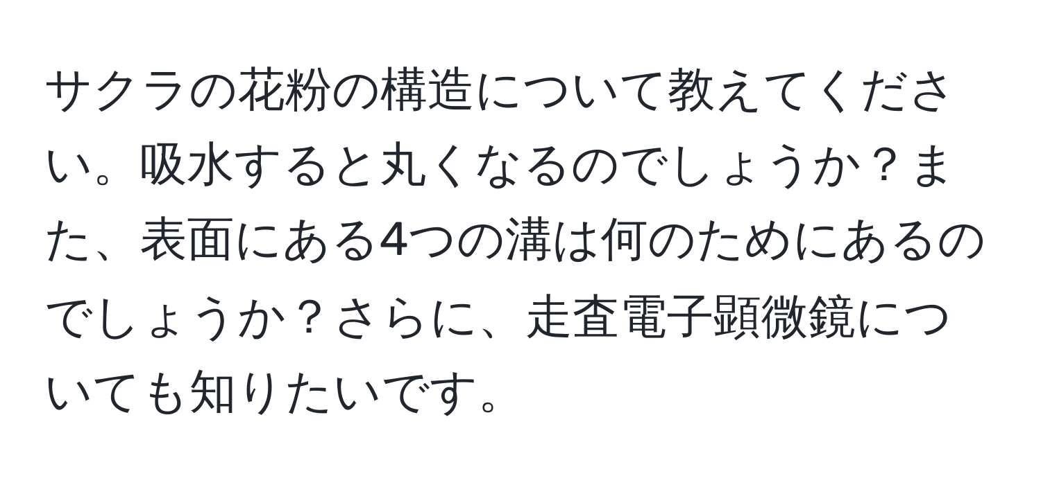 サクラの花粉の構造について教えてください。吸水すると丸くなるのでしょうか？また、表面にある4つの溝は何のためにあるのでしょうか？さらに、走査電子顕微鏡についても知りたいです。