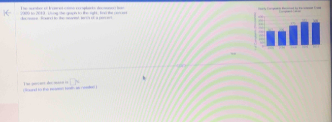 The number of fntomet crme complaints decras ed tr 
2009 to 2010. Using the graph to the right, find the percent 
decrase. Round to the nearest tenth of a percent 
The percent decrase is 1:16
(Round to the nearest tinth as needed.)