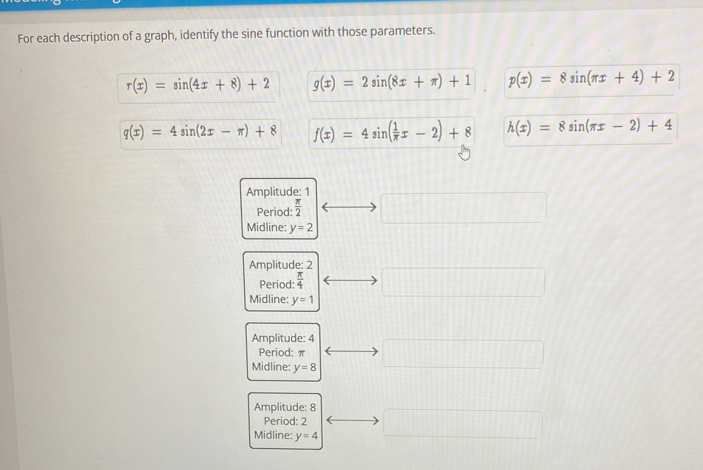 For each description of a graph, identify the sine function with those parameters.
r(x)=sin (4x+8)+2 g(x)=2sin (8x+π )+1 p(x)=8sin (π x+4)+2
q(x)=4sin (2x-π )+8 f(x)=4sin ( 1/π  x-2)+8 h(x)=8sin (π x-2)+4
Amplitude: 1 □
Period:  π /2 
Midline: y=2
Amplitude: 2
Period:  π /4  □
Midline: y=1
Amplitude: 4
Period: π
Midline: y=8 □ 
Amplitude: 8
Period: 2
Midline: y=4 □