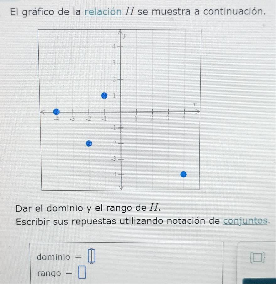 El gráfico de la relación H se muestra a continuación. 
Dar el dominio y el rango de H. 
Escribir sus repuestas utilizando notación de conjuntos. 
dominio =□  □ 
rango = frac □  □