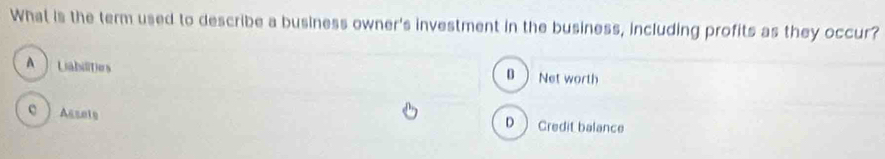 What is the term used to describe a business owner's investment in the business, including profits as they occur?
A  LiabiliTers
B  Net worth
c  Assely Credit balance