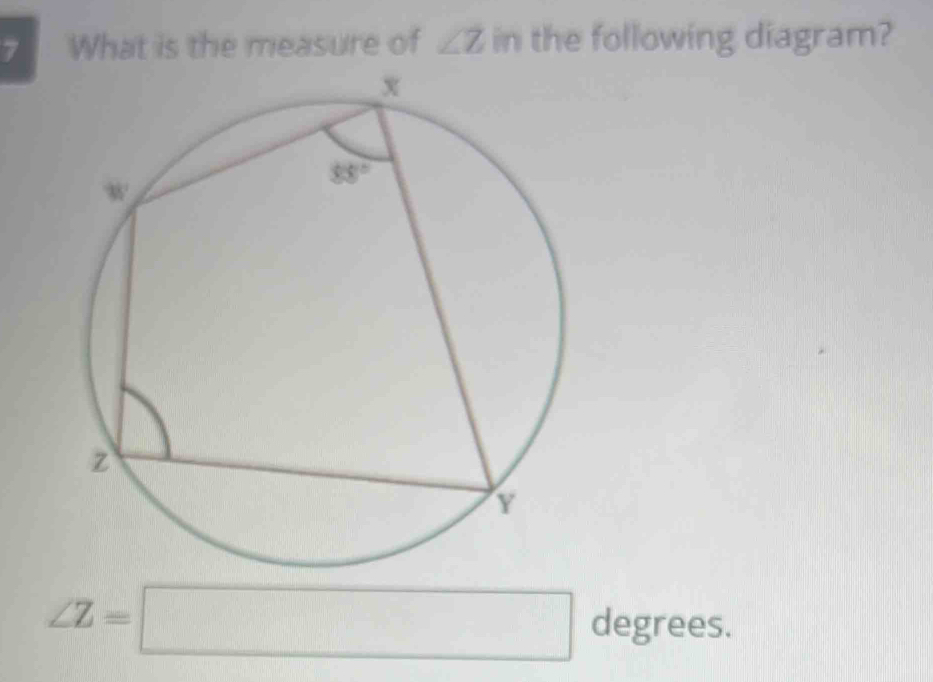 What is the measure of ∠ Z n the following diagram?
∠ Z=□ deg grees.