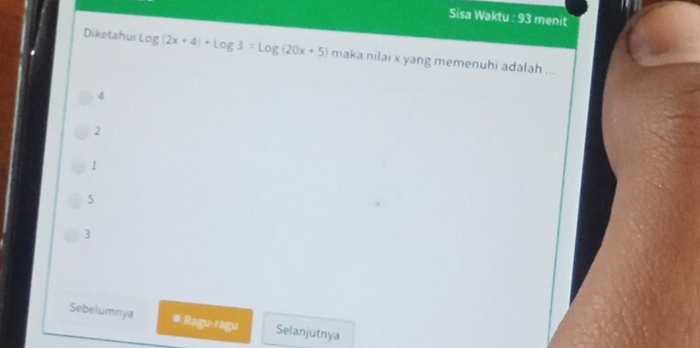 Sisa Waktu : 93 menit
Diketahui log (2x+4)+log 3=log (20x+5) maka nilai x yang memenuhi adalah ...
4
2
1
5
3
Sebelumnya #:Ragu-ragu Selanjutnya