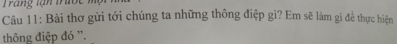 Tran g lạn trưo c m
Câu 11: Bài thơ gửi tới chúng ta những thông điệp gì? Em sẽ làm gì để thực hiện 
thông điệp đó ''.