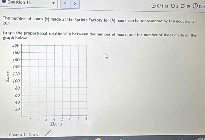 < > 
□ 0/1 pt つ 3 % 19 ① Det 
The number of shoes (s) made at the Sprints Factory for (h) hours can be represented by the equation s=
26h 
Graph the proportional relationship between the number of hours, and the number of shoes made on the 
graph below. 
Clear All Draw: 
7:34