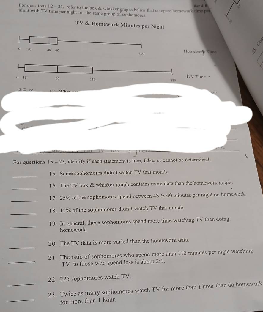 Bax & H 
For questions 12-23 .refer to the box & whisker graphs below that compare homework time per 
night with TV time per night for the same group of sophomores. 
TV & Homework Minutes per Night 
Homework Time 
TV Time 
For questions 15 - 23, identify if each statement is true, false, or cannot be determined. 
_ 
15. Some sophomores didn’t watch TV that month. 
_ 
16. The TV box & whisker graph contains more data than the homework graph. 
_ 
17. 25% of the sophomores spend between 48 & 60 minutes per night on homework. 
_ 
18. 15% of the sophomores didn’t watch TV that month. 
_ 
19. In general, these sophomores spend more time watching TV than doing 
homework. 
_ 
20. The TV data is more varied than the homework data. 
_ 
21. The ratio of sophomores who spend more than 110 minutes per night watching 
TV to those who spend less is about 2:1. 
22. 225 sophomores watch TV. 
_ 
_23. Twice as many sophomores watch TV for more than 1 hour than do homework 
for more than I hour.