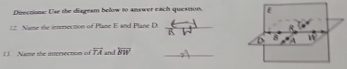 Directions: Use the diagram below to answer each question. 
12 Name the intersection of Plane E and Plane D. overleftrightarrow KW _ 
13. Name the intersection of vector TA and overleftrightarrow BW _