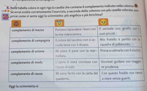 Nella tabella colora in ogni riga la casella che contiene il complemento indicato nella colonna 
Se avrai svolto correttamente l’esercizio, a seconda della colonna con più caselle colorate, sco- 
prirai come si sente oggi la scimmietta: più angelica o più birichina? 
Oggi la scimmietta è: