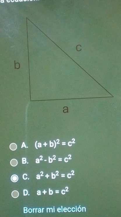 A. (a+b)^2=c^2
B. a^2-b^2=c^2
C. a^2+b^2=c^2
D. a+b=c^2
Borrar mi elección