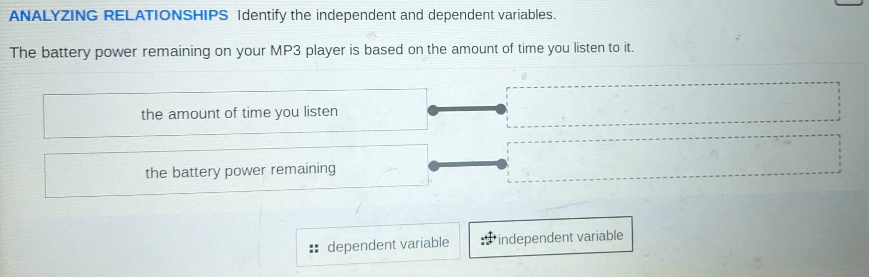 ANALYZING RELATIONSHIPS Identify the independent and dependent variables.
The battery power remaining on your MP3 player is based on the amount of time you listen to it.
the amount of time you listen
the battery power remaining
dependent variable independent variable