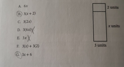 6x
B. 3(x+2)
C. 3(2x)
D. 3(6x)
E. 3x
F 3(x)+3(2)
G. 3x+6