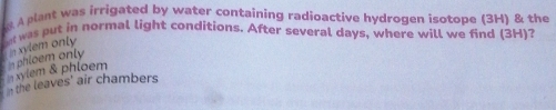 A plant was irrigated by water containing radioactive hydrogen isotope (3H) & the
net was put in normal light conditions. After several days, where will we find (3H)?
n xylem & phloem n phloem only In xylem only
n the leaves' air chambers