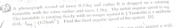 re A phonograph record of mass 0.25kg and radius R is dropped on a rotating 
turntable with the same radius and mass 1.5kg. The initial angular speed is 06
The turntable is rotating freely with no torque against it. [ Turntable is a uniform 
disk. I_disk=(1/2)mb^2]. Find the final angular speed of the systemn. [8] 
ests against a wall.