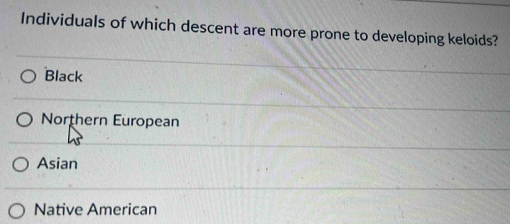 Individuals of which descent are more prone to developing keloids?
Black
Northern European
Asian
Native American