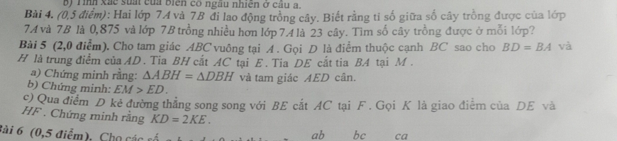 Tình xắc suấi của biên có ngâu nhiên ở câu a. 
Bài 4. (0,5 điểm): Hai lớp 7A và 7B đi lao động trồng cây. Biết rằng tỉ số giữa số cây trồng được của lớp
7A và 7B là 0,875 và lớp 7B trồng nhiều hơn lớp 74 là 23 cây. Tìm số cây trồng được ở mỗi lớp? 
Bài 5 (2,0 điểm). Cho tam giác ABC vuông tại A. Gọi D là điểm thuộc cạnh BC sao cho BD=BA và 
H là trung điểm của AD. Tia BH cắt AC tại E. Tia DE cắt tia BA tại M. 
a) Chứng minh rằng: △ ABH=△ DBH và tam giác AED cân. 
b) Chứng minh: EM>ED. 
c) Qua điểm D kẻ đường thẳng song song với BE cắt AC tại F. Gọi K là giao điểm của DE và
HF. Chứng minh rằng KD=2KE. 
Bài 6 (0,5 điểm), Cho các
ab bc ca