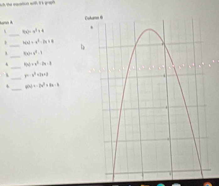 ich the equation with it graph . 
Jumn A C
f(x)=x^2+4
_ 
_
h(x)=-x^2-2x+8

_ 
a f(x)=x^2-1
_ 
4 f(x)=x^2-2x-3
6 _ y=-x^2+2x+2
_ 
6. g(x)=-2x^2+8x-8