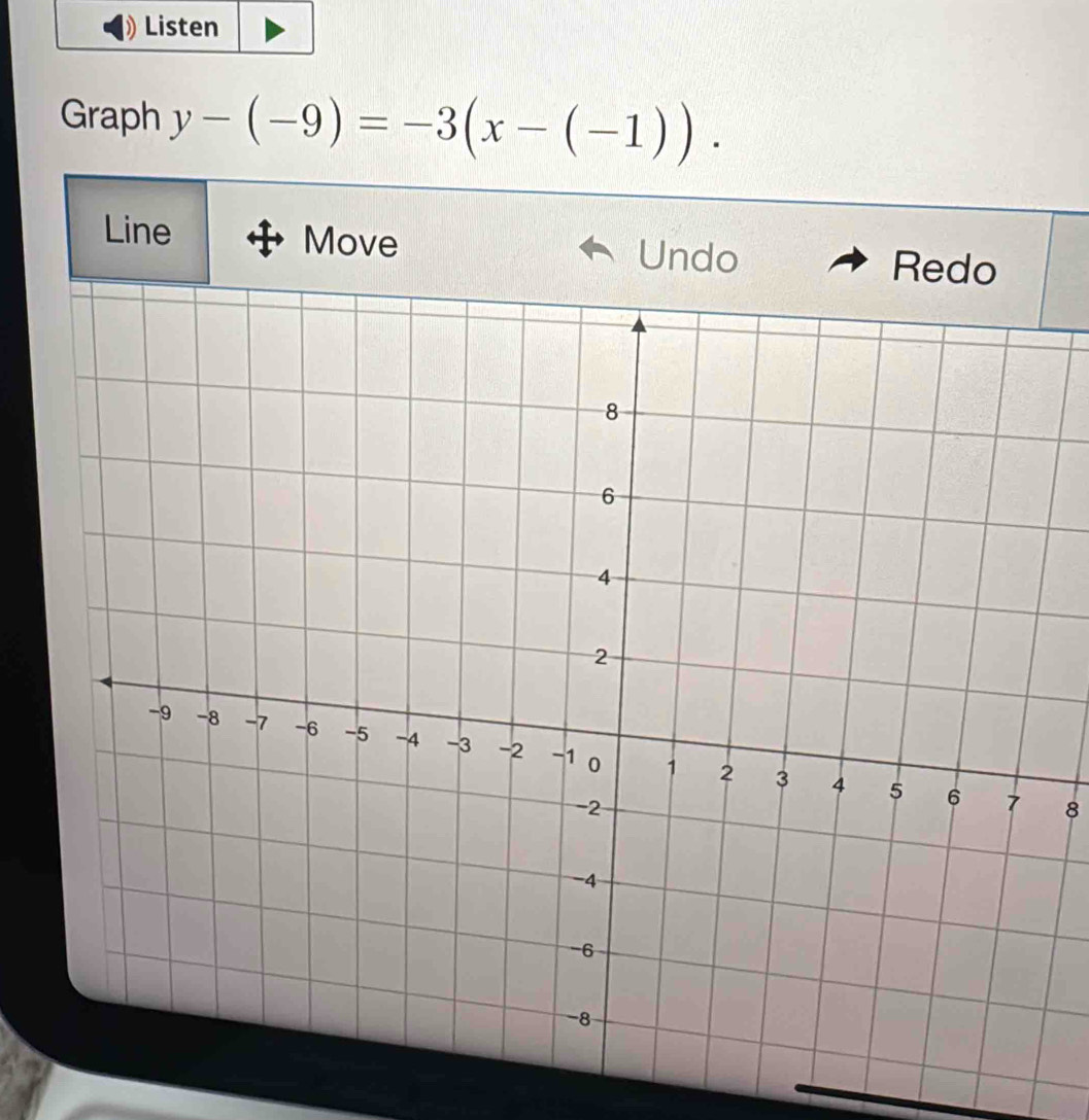 Graph y-(-9)=-3(x-(-1)). 
Line Move Undo 
8