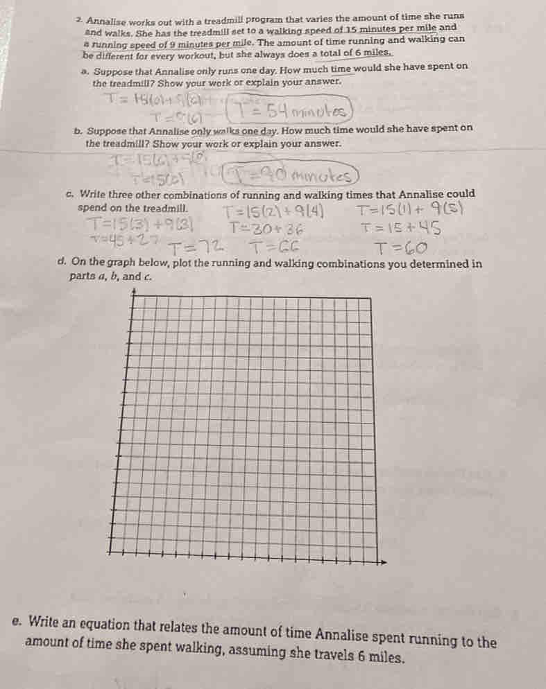 Annalise works out with a treadmill program that varies the amount of time she runs 
and walks. She has the treadmill set to a walking speed of 15 minutes per mile and 
a running speed of 9 minutes per mile. The amount of time running and walking can 
be different for every workout, but she always does a total of 6 miles. 
a. Suppose that Annalise only runs one day. How much time would she have spent on 
the treadmill? Show your work or explain your answer. 
b. Suppose that Annalise only walks one day. How much time would she have spent on 
the treadmill? Show your work or explain your answer. 
c. Write three other combinations of running and walking times that Annalise could 
spend on the treadmill. 
d. On the graph below, plot the running and walking combinations you determined in 
parts a, b, and c. 
e. Write an equation that relates the amount of time Annalise spent running to the 
amount of time she spent walking, assuming she travels 6 miles.