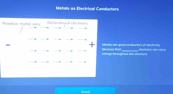 Metals as Electrical Conductors 
Positive metal ions Delocalised electrons 
+ 
- Metals are good conductors of electricity 
because their_ electrons can carry 
charge throughout the structure. 
Check