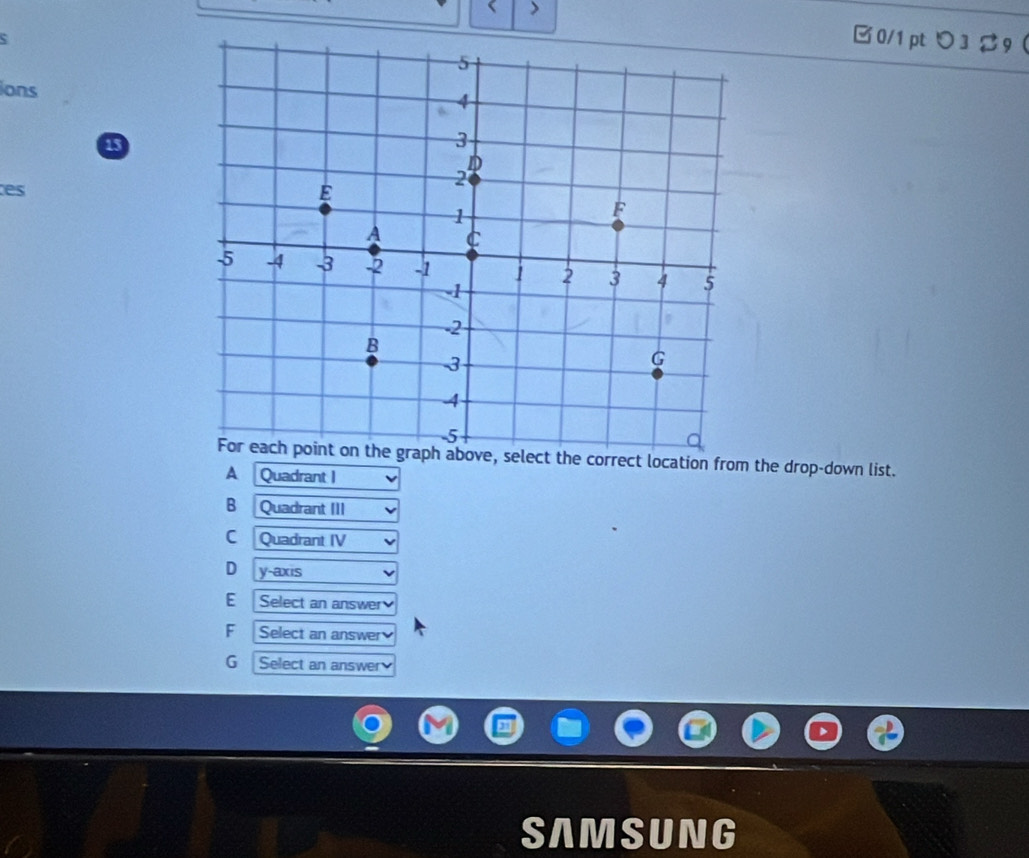 >
□0/1 pt 3 9
ions
es
For each point on the graph above, select the correct location from the drop-down list.
A Quadrant I
B Quadrant III
C Quadrant IV
D y-axis
E Select an answer
F Select an answer
G Select an answer
SAMSUNG