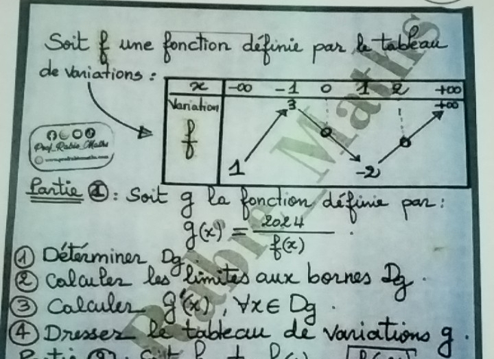 Soit & ume Ponction definic pan tablead 
de vaniations 
Pid Ratin OHaaa 
C. arage 
Pantic : Soit g Re Bonction difinie pan: 
①Dcterminer Dg
g(x)= 2024/f(x) 
② colculer Ra0 eimites aux bornes ? 
③ Colculer g'(x), forall x∈ Dg
④Dnasser 2e tableau de vaniations g.
D⊥ D 0