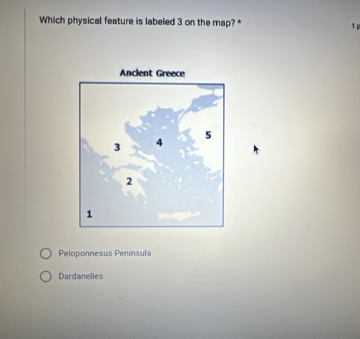 Which physical feature is labeled 3 on the map? *
1
Peloponnesus Peninsula
Dardanelles