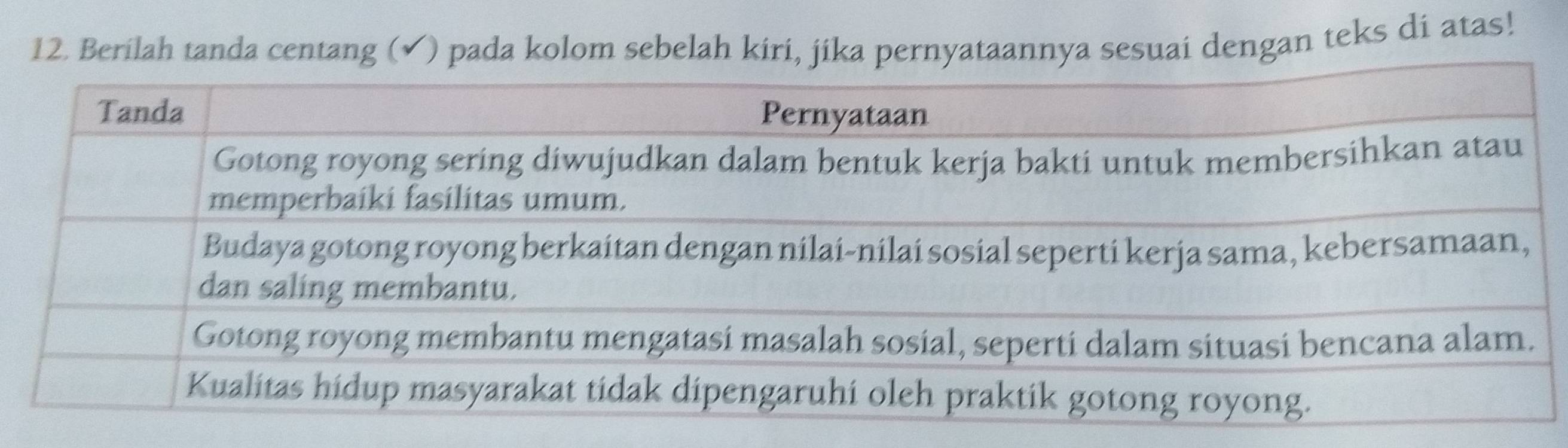 Berilah tanda centang (✔) pada kolom sebelah kiri, jika pernyataannya sesuai dengan teks di atas!